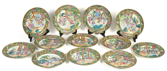 RARE SET OF 12 19TH C. CHINESE FAMILLE ROSE PLATES.