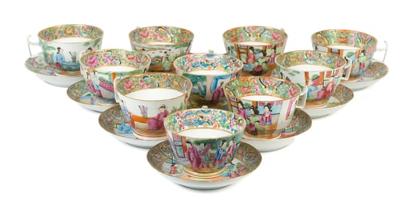 CHINESE ROSE MANDARIN CUPS AND SAUCERS, 20PCS.