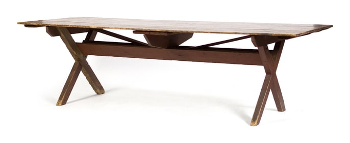 EARLY RED PAINTED SAWBUCK TABLE.