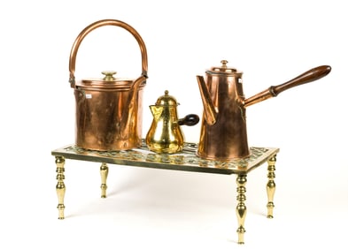 ANTIQUE BRASS TRIVET AND COPPER POTS 4 PCS. .