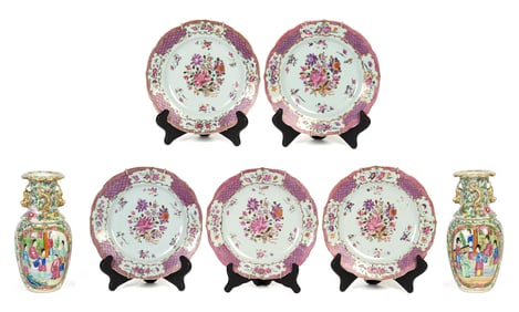 PR. 19TH C. CHINESE FAMILLE ROSE VASES AND PLATES.