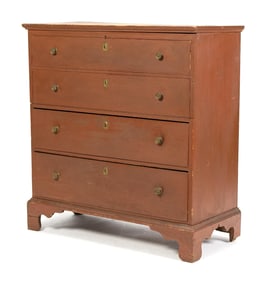 18TH C. RED PAINTED CHIPPENDALE BLANKET CHEST.