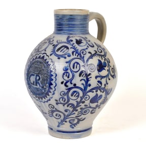 18TH C. WESTERWALD SALT GLAZED JUG.
