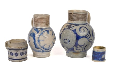 FOUR 18TH C. WESTERWALD SALT GLAZED ITEMS.