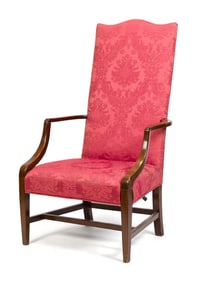 19TH C. AMERICAN INLAID MAHOGANY LOLLING CHAIR.