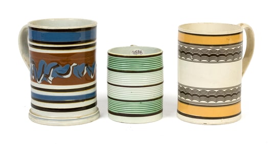 THREE ANTIQUE MOCHA MUGS, 1 OF 4.
