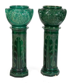 PR. 19TH C. MAJOLICA PEDESTAL JARDINIERES.