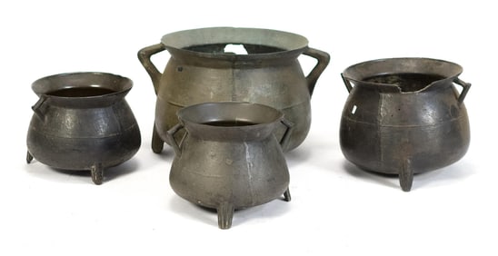 FOUR 18TH C. BRONZE KETTLES.