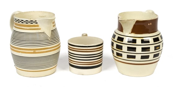 TWO ANTIQUE MOCHA CREAM JUGS AND A MUG, 3PCS.