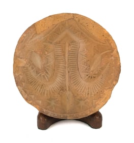 UNUSUAL ANTIQUE REDWARE TULIP BUTTER STAMP.