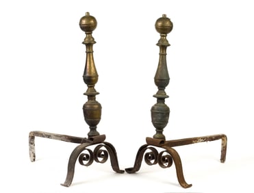 18TH C. IRON AND BRASS ANDIRONS.