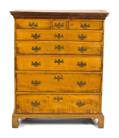 18TH C. TIGER MAPLE CHIPPENDALE CHEST.