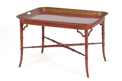 19TH C. TOLEWARE TRAY ON STAND.