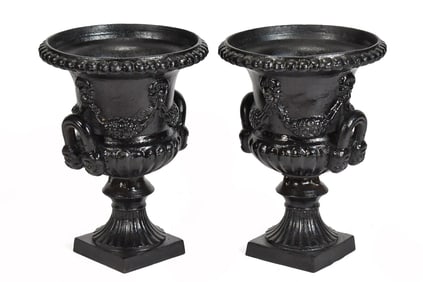 PAIR VINTAGE CAST IRON GARDEN URNS.