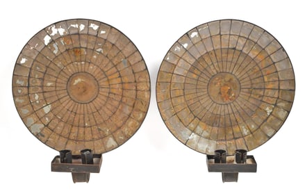 PAIR OF ANTIQUE MIRRORED BACK WALL SCONCES.