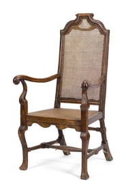 18TH C. QUEEN ANNE CANE BACK ARMCHAIR.
