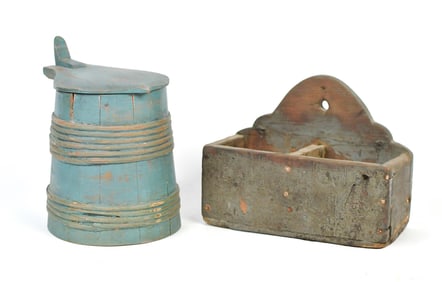 EARLY PAINTED WALL BOX AND TANKARD.