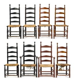 EIGHT 18TH C. LADDER BACK CHAIRS.