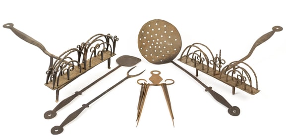 EARLY WROUGHT IRON COOKING UTENSILS, 6 PCS.