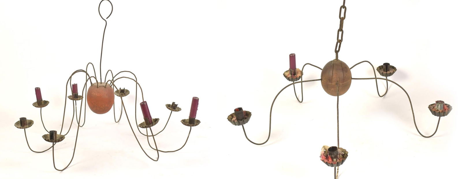 TWO ANTIQUE WOOD AND WIRE CHANDELIERS. (1 of 7)