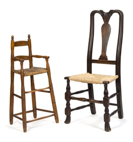 18TH C. NEWBURY SIDE CHAIR AND CHILD HIGH CHAIR.