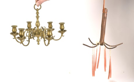 ANTIQUE SMALL BRASS CHANDELIER AND CANDLE DRYER.
