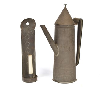 EARLY TIN CANDLE SCONCE WITH LIGHTHOUSE COFFEE POT.