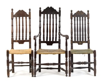 THREE 18TH C. BANNISTER BACK CHAIRS.