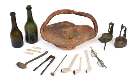 EARLY BURL WOOD BASKET, BOTTLES, LIGHTING.