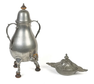 18TH C. PEWTER TEAPOT AND PORRINGER.
