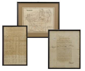 19TH C. MA EPHEMERA, NEWBURY MAP & EARLY DOCUMENTS.