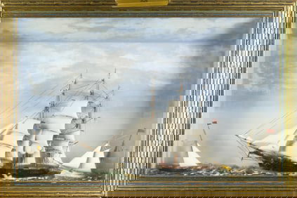 VINTAGE SHIPS MODEL DIORAMA,  IN SHADOW BOX FRAME.