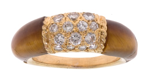 VAN CLEEF & ARPELS 18K GOLD DIAMOND & TIGER EYE RING.