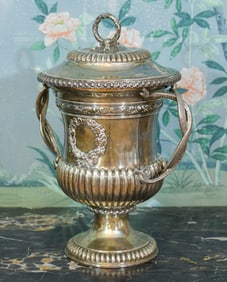 19TH C. ENGLISH SILVER COVERED URN.
