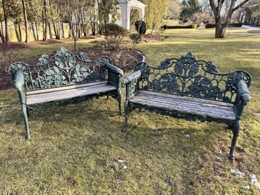 PR. ANTIQUE CAST IRON GARDEN BENCHES, 1 OF 2.