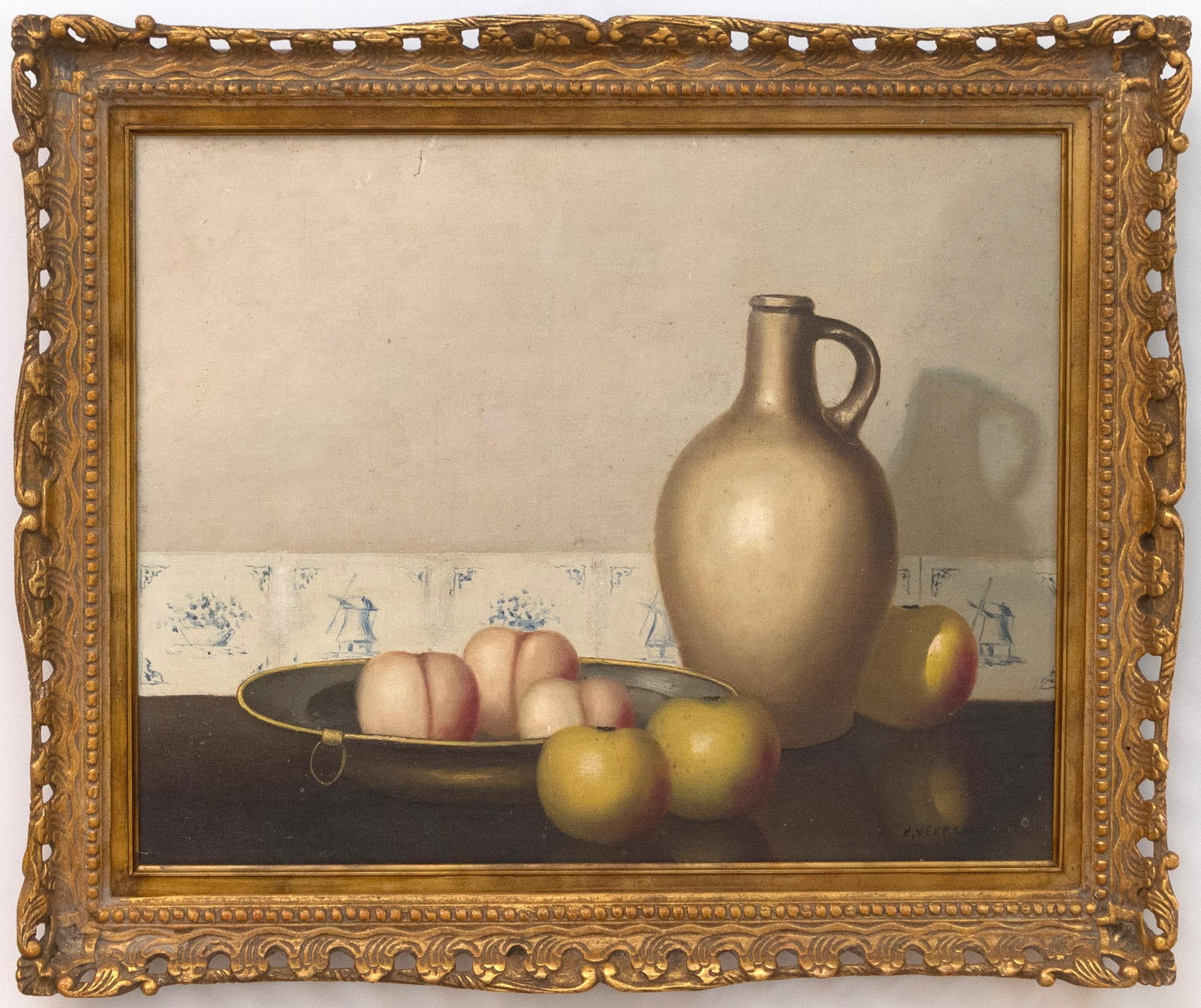 ANSJE VEERKAMP OIL, STILL LIFE.: Ansje Veerkamp vintage oil on masonite, tabletop still life with fruit and jug, signed lower left A. Veerkamp. Image 15.5” x 20”, Frame 21” x 25”.