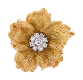 GEORG LAUER SIGNED 18K GOLD DIAMOND FLOWER PIN.