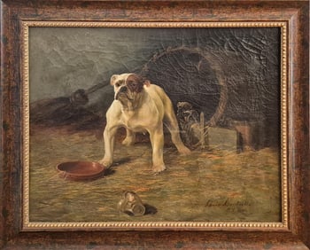 LOUIS CONTOIT OIL, BULL DOG WITH PUPPIES.