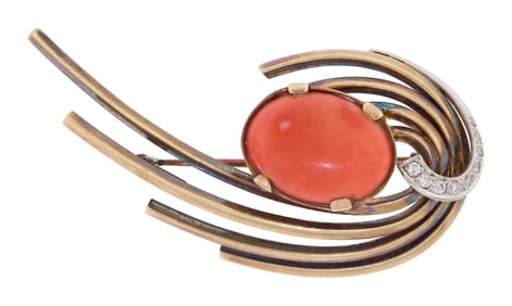 RETRO 14K GOLD CORAL & DIAMOND BROOCH.
