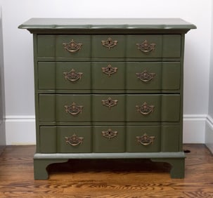 CUSTOM GREEN PAINTED CHIPPENDALE STYLE CHEST.