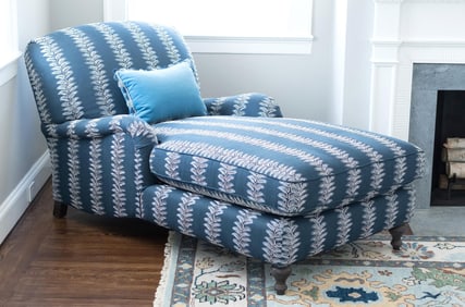 CUSTOM LEE JOFA BLUE STRIPE EMBROIDERED CHAISE.