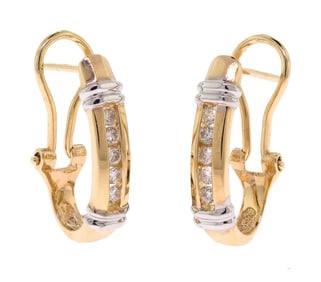 14K TWO TONE GOLD DIAMOND HALF HOOP EARRINGS.