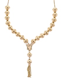 VINTAGE 14K GOLD BEADED NECKLACE W/ SLIDE & TASSEL.