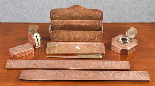 ANTIQUE TIFFANY STUDIOS ZODIAC BRONZE DESK SET.