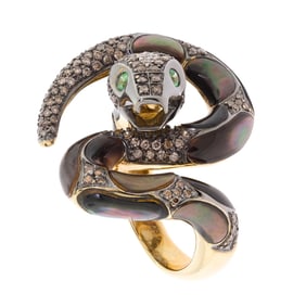 18K GOLD SNAKE RING, BLACK MOTHER OF PEARL & DIAMOND.