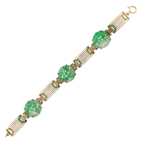 ART DECO 14K GOLD CARVED JADE & ENAMEL BRACELET, WAB.