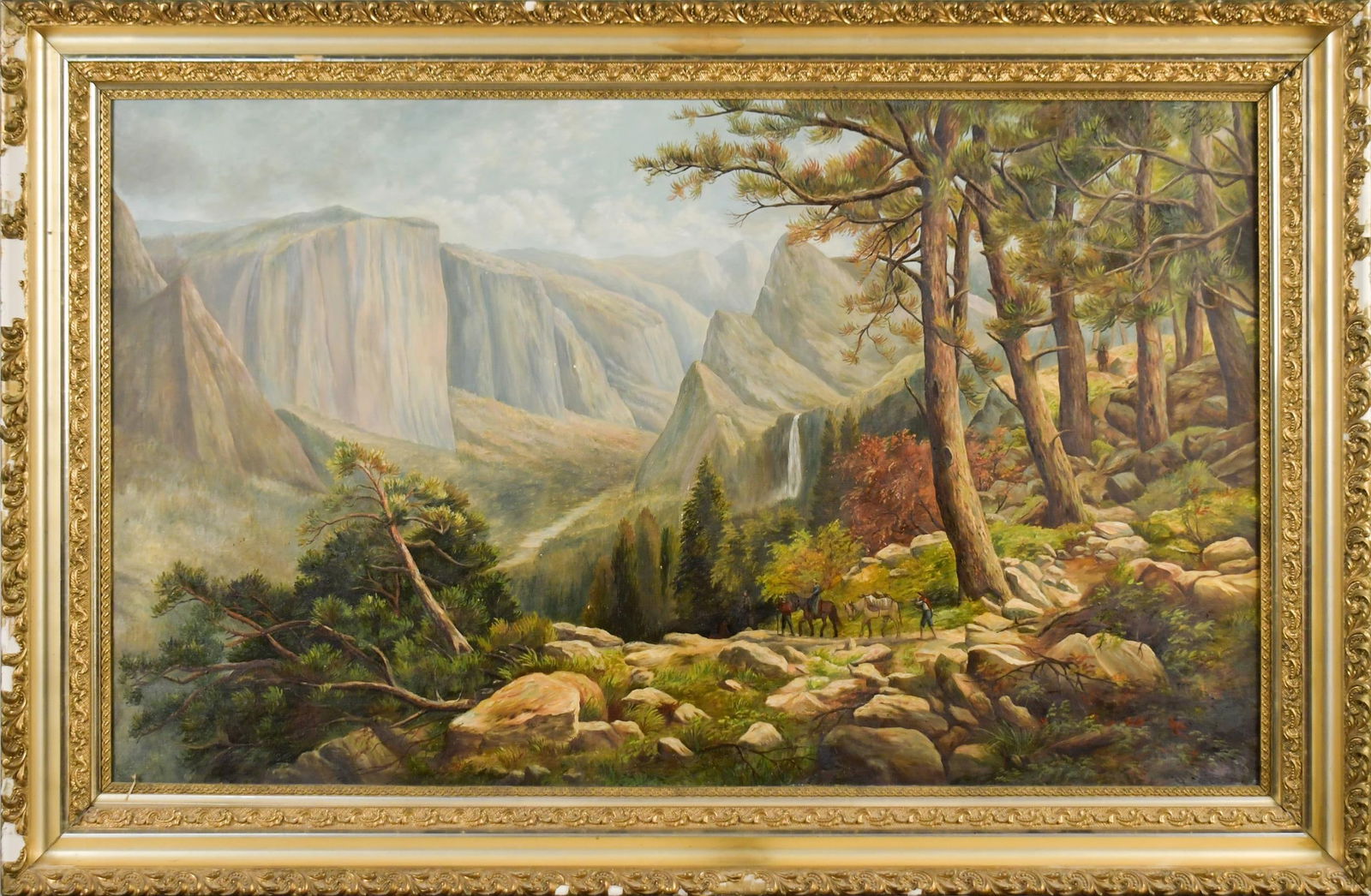 ANTIQUE OIL, AFTER ANDREW MELROSE, YOSEMITE VALLEY.: An early 20th C. oil on canvas, after Andrew Melrose’s 1887 'Yosemite Valley from the Mariposa Trail', unsigned. Canvas 27.5” x 45”, Frame 34.5” x 52”.