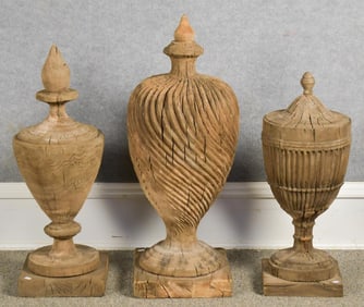 THREE LARGE ANTIQUE WOOD FINIALS.
