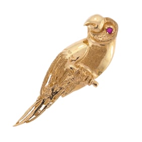 VINTAGE 14K GOLD PARROT PIN/PENDANT WITH RUBY EYE.