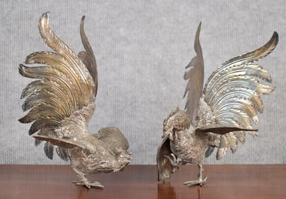 PAIR ANTIQUE 800 SILVER COCKERELS.